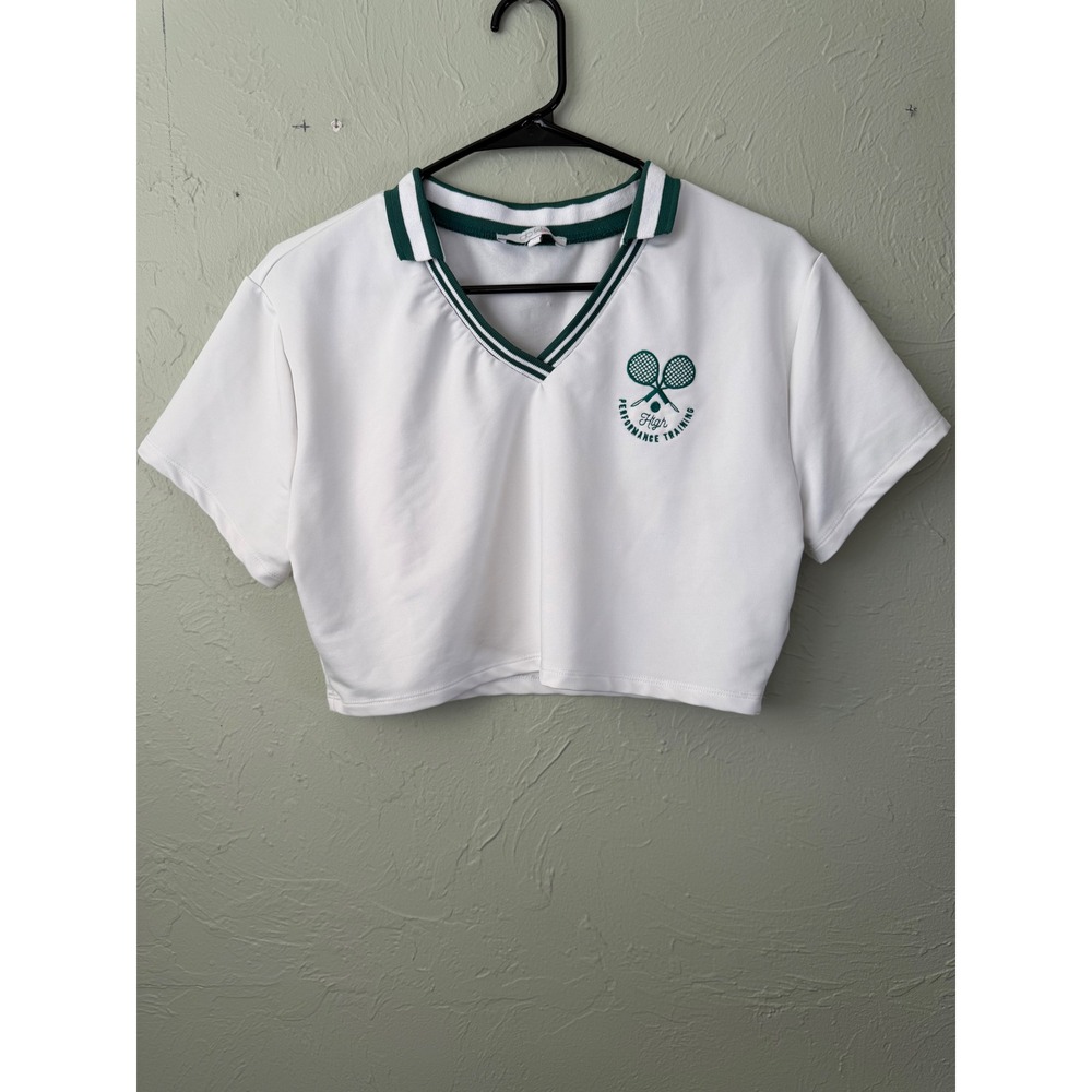 GB Fashion London White Cropped Tennis Polo Shirt‎ Green Stripe V-Neck XL